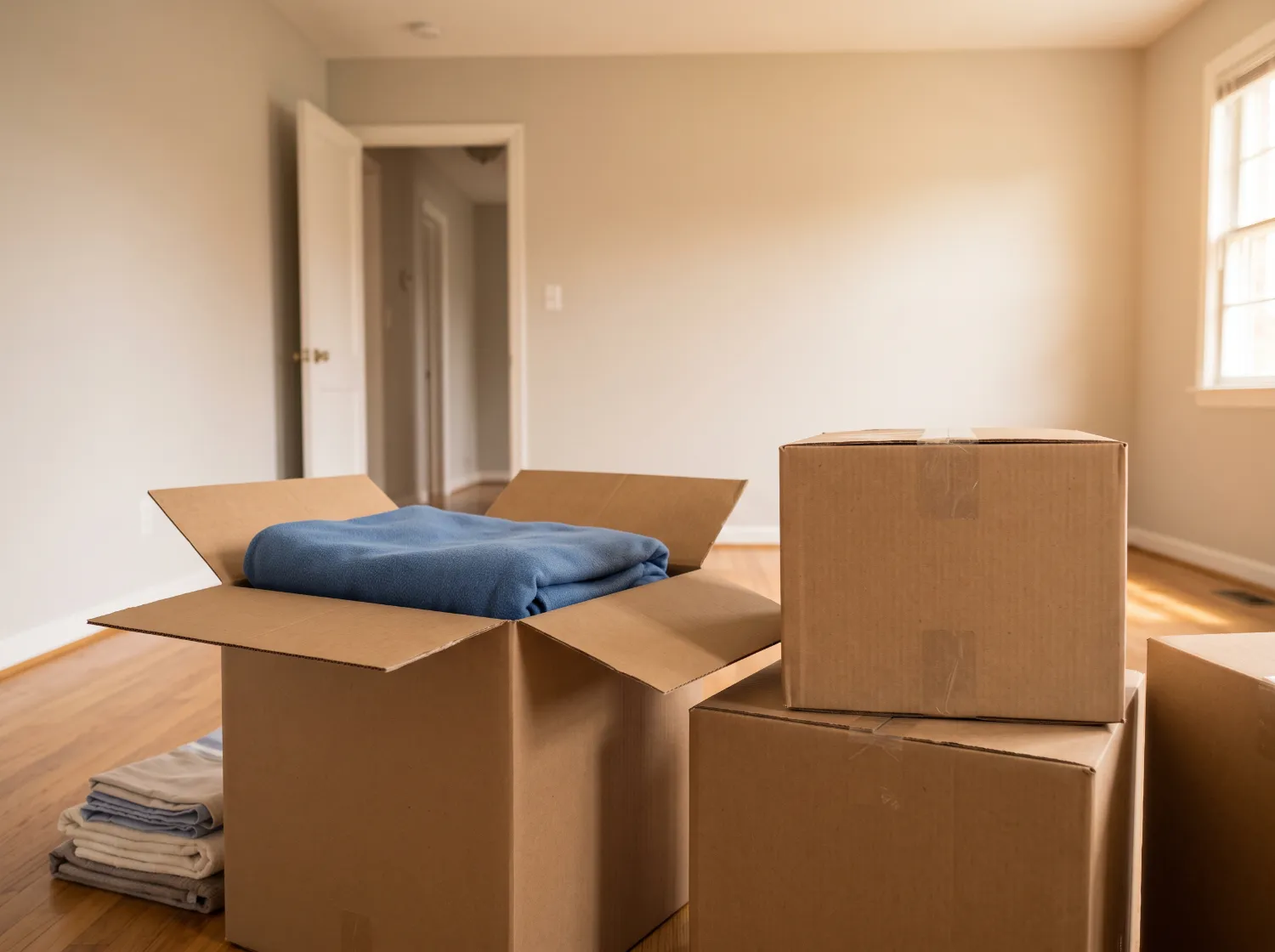 Packed boxes on the floor of a cleared living room.